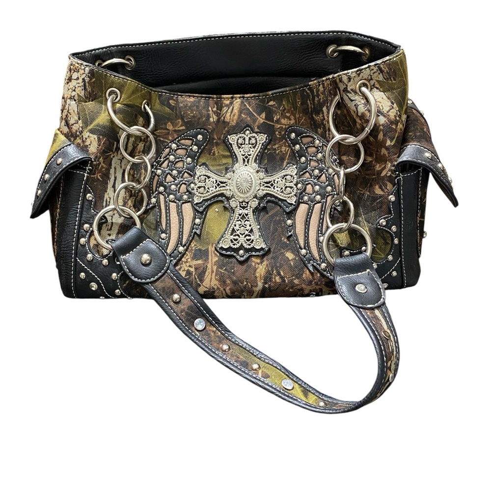 Brown and Black Shoulder Bag with Metallic Cross and Silver Hardware